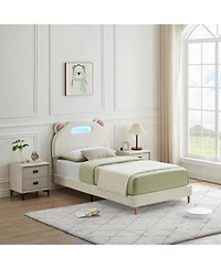 gaomon Upholstered Platform Bed with Led Lights, Headboard, Wooden Slats, Easy Assembly, No Box Spring Needed