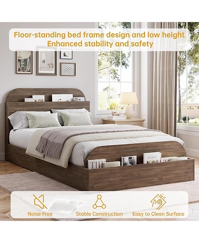 gaomon Bed Frame with Storage Headboard and Raised Footboard Low Platform Wood Slats No Box Spring Walnut