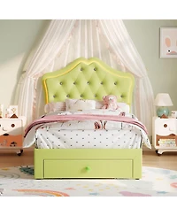 gaomon Bed Frame with Led Lights Velvet Crystal Button Headboard Storage Drawer No Box Spring