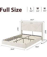 gaomon Floating Bed Frame with Led Lights Charging Station Storage Headboard Folding Shelves Metal Slats