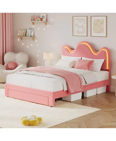 gaomon Full Bed Frame with Adjustable Headboard, Storage Drawer, Boucle Fabric, Led Light, Wooden Slats, No Box Spring