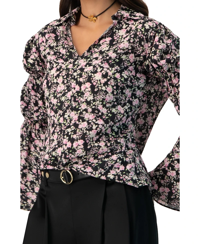 Ivonne Women's Collared Long Sleeve Floral Print Blouse