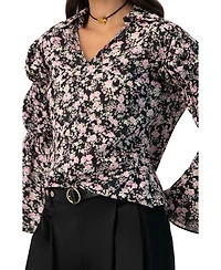 Ivonne Women's Collared Long Sleeve Floral Print Blouse