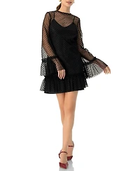 Ivonne Women's Flocked Polka Dot Short Dress with Wide Long Sleeves