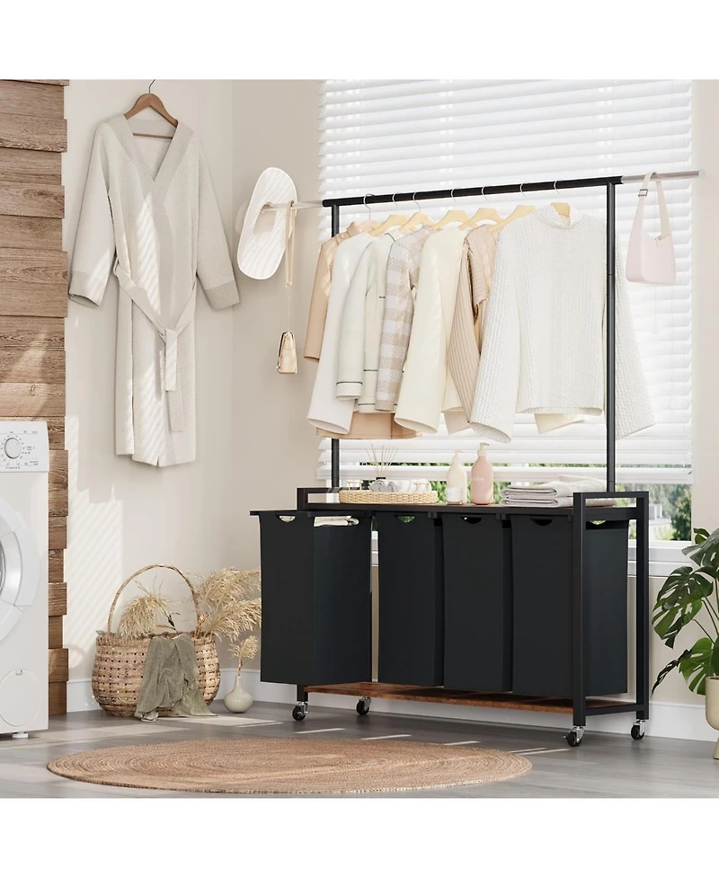 Gaomon Rolling Laundry Sorter Hamper 4 Section Basket with Hanging Rack Plus Wheels Organizer for Laundry Room Rustic