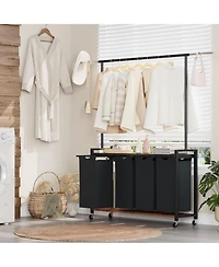 Gaomon Rolling Laundry Sorter Hamper 4 Section Basket with Hanging Rack Plus Wheels Organizer for Laundry Room Rustic