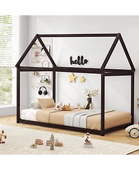 Sugift Kids Platform Floor Bed with Roof and Heavy Duty Slats
