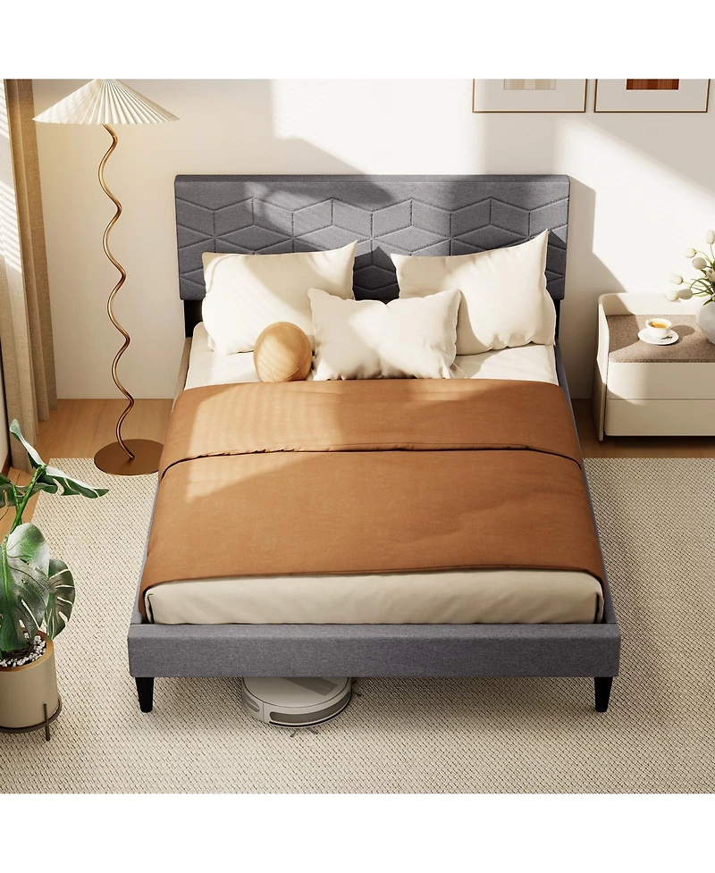 Sugift Modern Upholstered Platform Bed with Linen Headboard