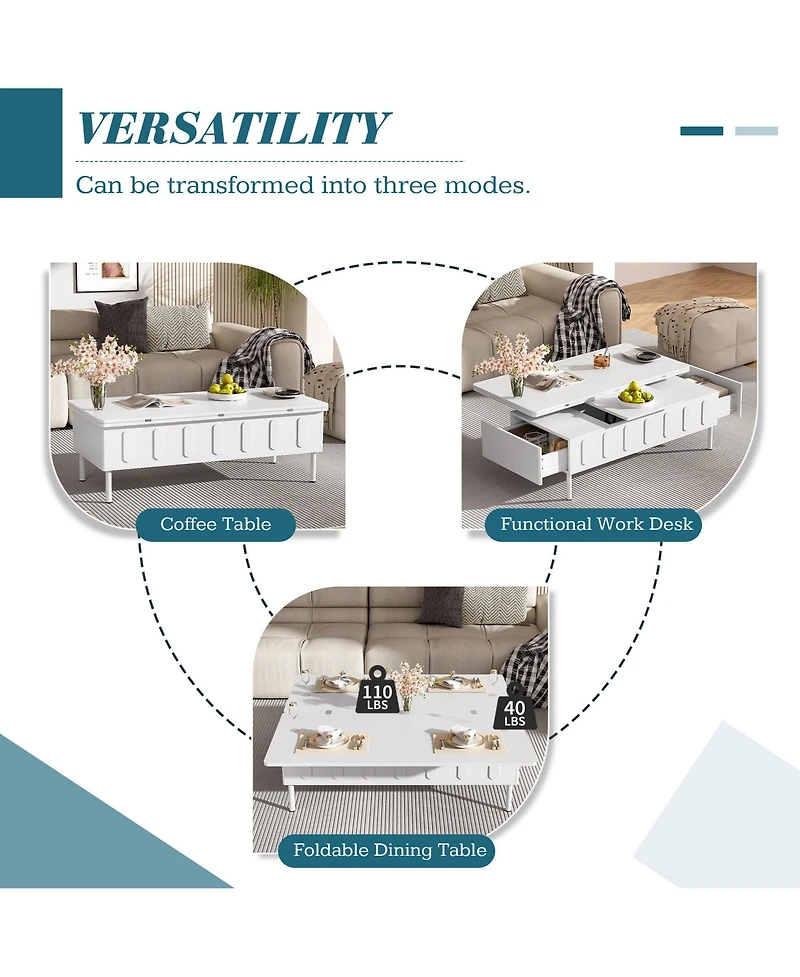 Rainsken Lift-Top Coffee Table, Multi-Functional Center Table with 2 Drawers, Foldable Top and Hidden Storage Compartment for Living Room