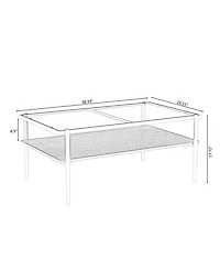 Rainsken Rectangle 2 Tier Coffee Table, Center Table with Gray Tempered Glass Top and Wood Storage Shelf for Living Room, Small Space