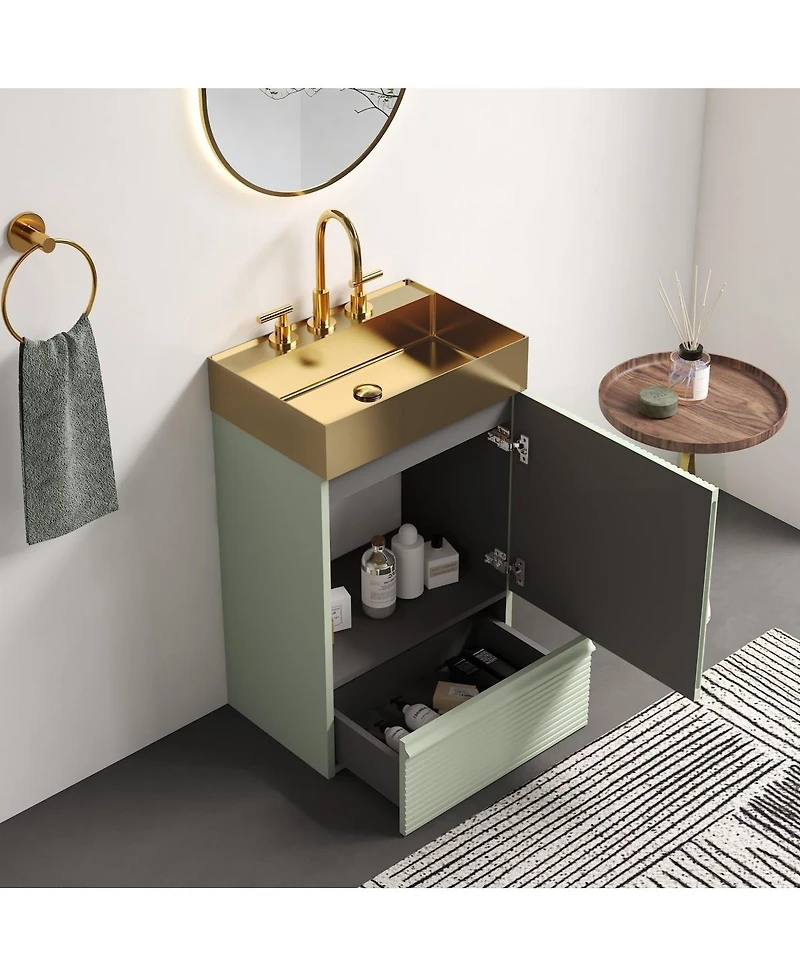 Thirtypeachy 20" Modern Fluted Vanity With Gold Metal Vessel Sink, 1 Drawer 1 Door Soft-Close, Anti-Tip Kd