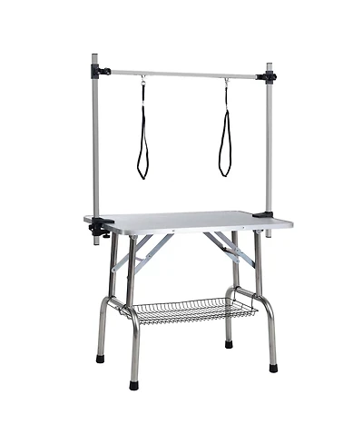 Aostirmotor 36" Silver Folding Pet Grooming Table with Stainless Steel Frame and Adjustable Arm