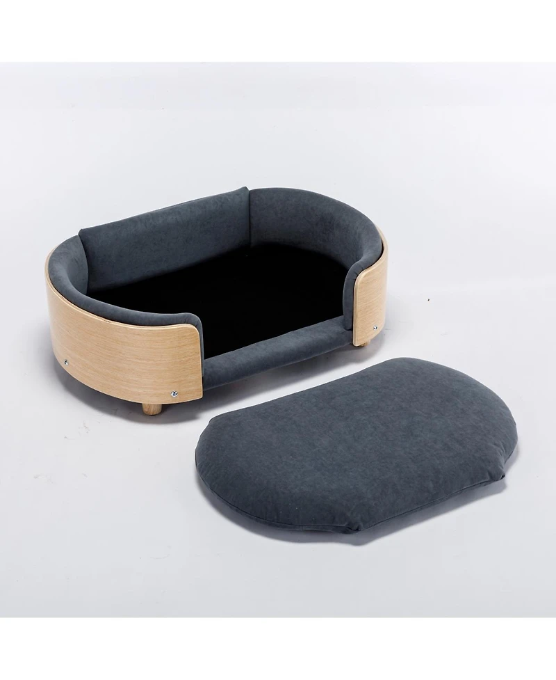 6thdruple Mid-Century Wood Pet Bed with Velvet Cushion