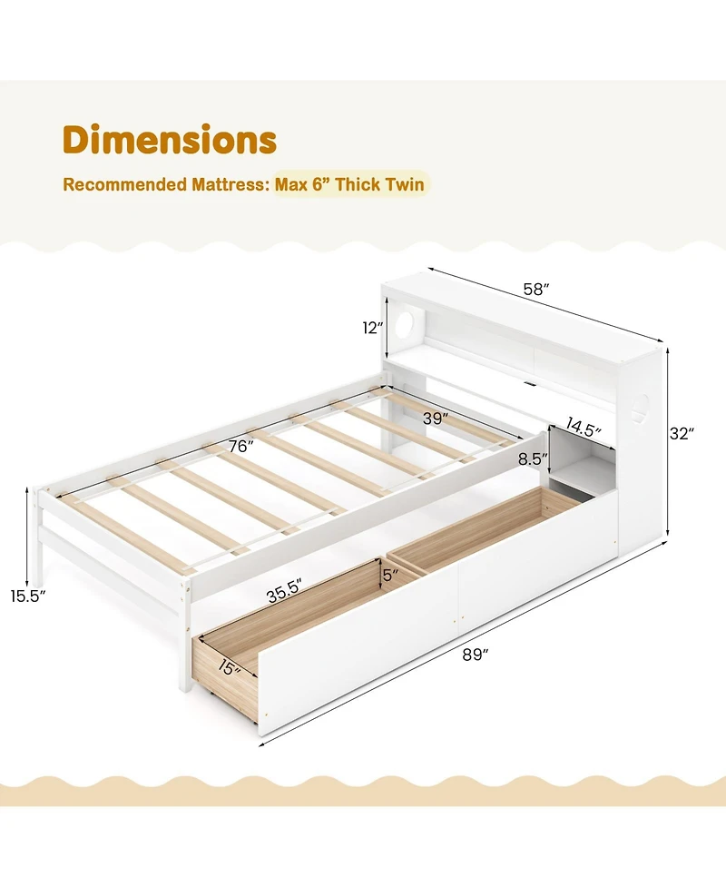 Sugift Bed Frame with Led Lights and Bookcase Headboard