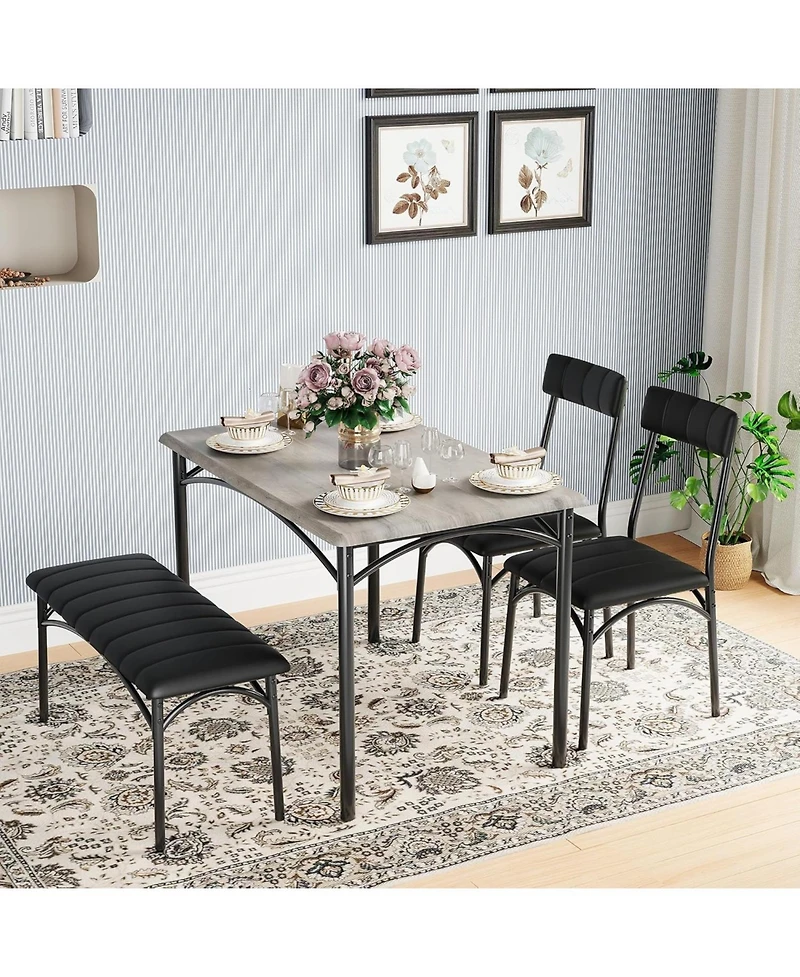 gaomon 5 Piece Dining Table Set for 4, Metal Frame Table with Bench & Upholstered Chairs, Modern Set for Apartments
