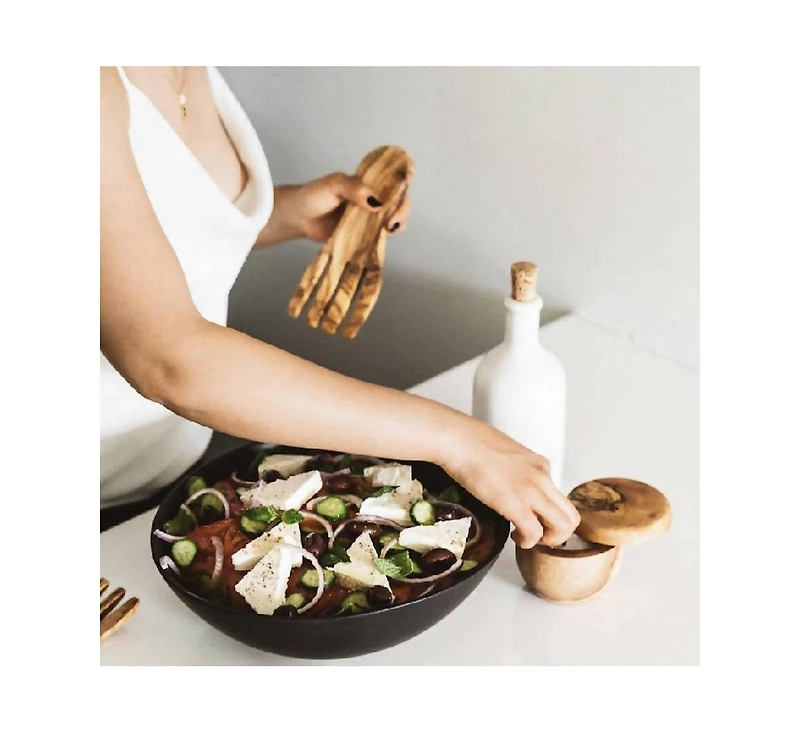 Gharyan Stoneware, Olive Wood Salad Servers Flat Forks Set