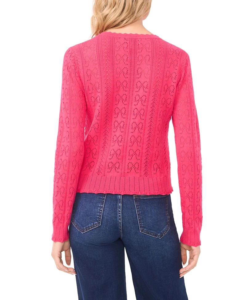 CeCe Women's V-Neck Pointelle Cotton Cardigan Sweater