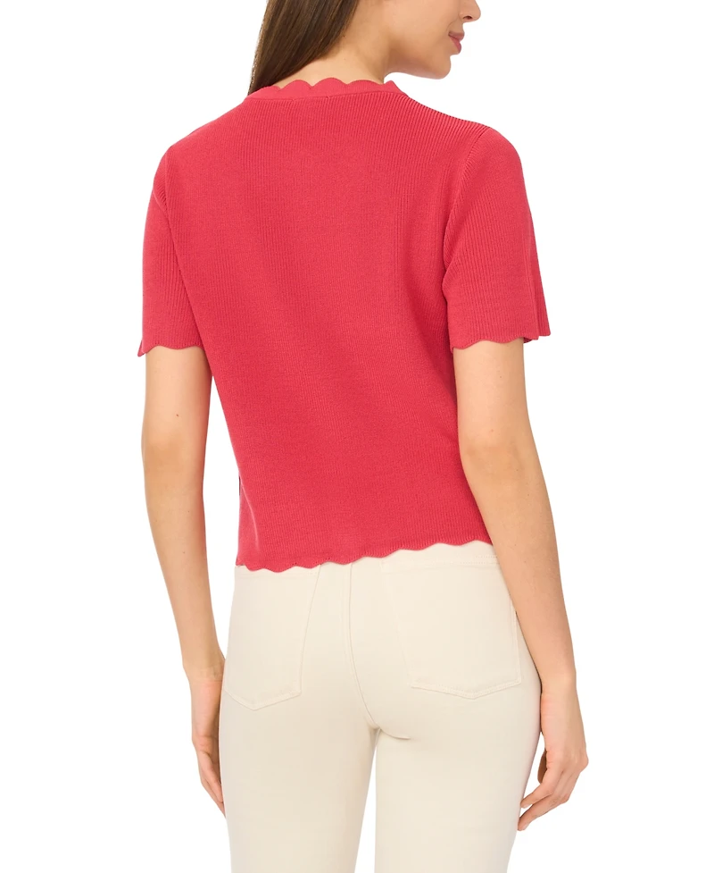 CeCe Women's Crewneck Scallop-Edge Cardigan Sweater