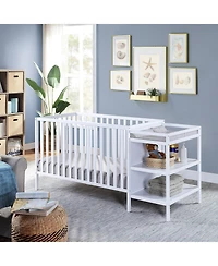 Flynama 3 in 1 convertible crib and changer combo solid wood 3 position mattress support attached changing table storage for baby nursery