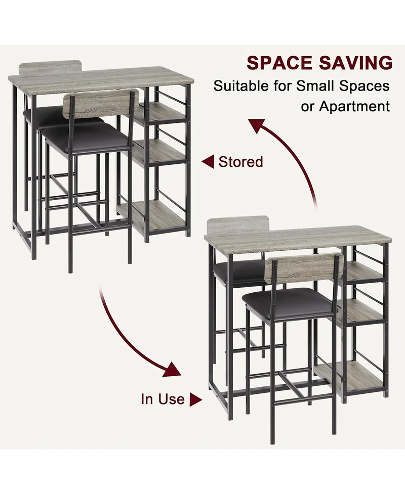gaomon 3-Piece Bar Table Set, Dining Table & 2 Cushion Stools, Tall Breakfast Nook with Storage Shelves for Apartment