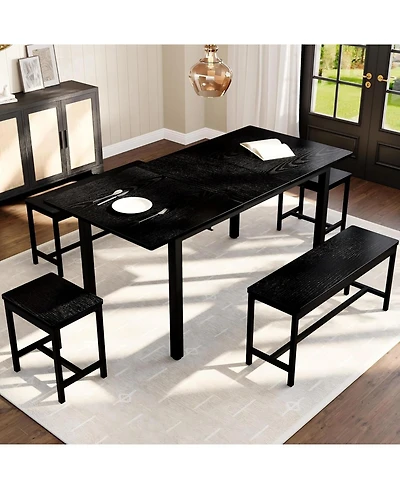 gaomon 5-Piece Extendable Dining Set, Table, 2 Benches & 2 Stools, Industrial Room Furniture for 4-8 People