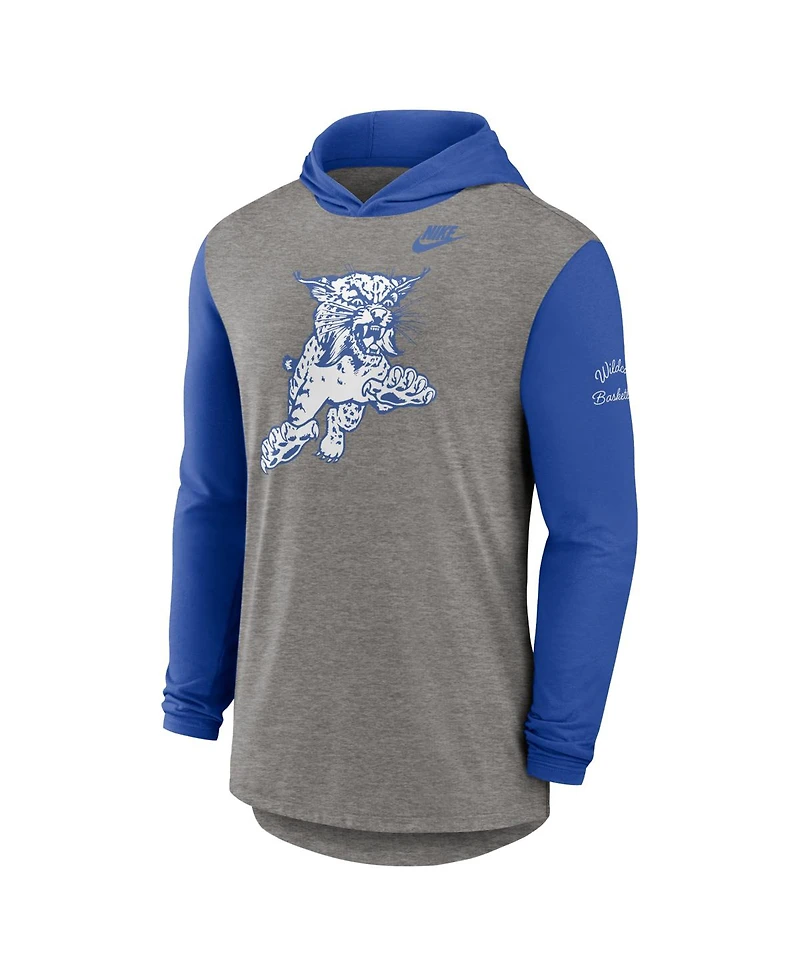Nike Men's Heather Gray/Royal Kentucky Wildcats Campus Legacy Tri-Blend Long Sleeve Hooded T-Shirt