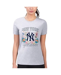 G-iii 4Her by Carl Banks Women's Heather Gray New York Yankees Super-Slim Fit Lightweight Flowers Graphic T-Shirt
