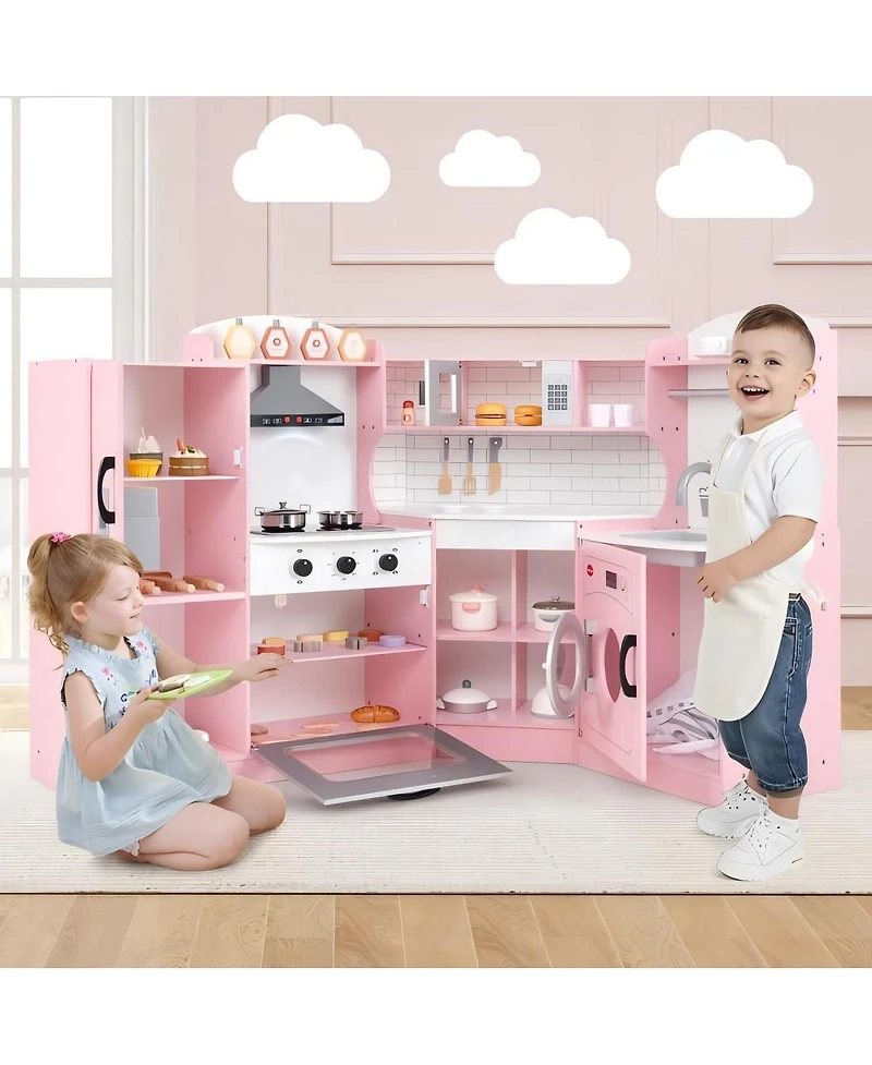 Kids Wooden Corner Play Kitchen with Storage and Cooking Features