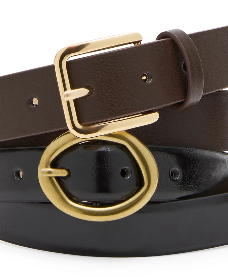 Steve Madden Feathered Edge Glazed Polyurethane Oval and Square Buckle 2-Piece Belt Set