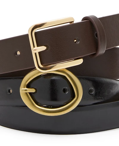 Steve Madden Feathered Edge Glazed Polyurethane Oval and Square Buckle 2-Piece Belt Set
