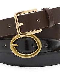 Steve Madden Feathered Edge Glazed Polyurethane Oval and Square Buckle 2-Piece Belt Set