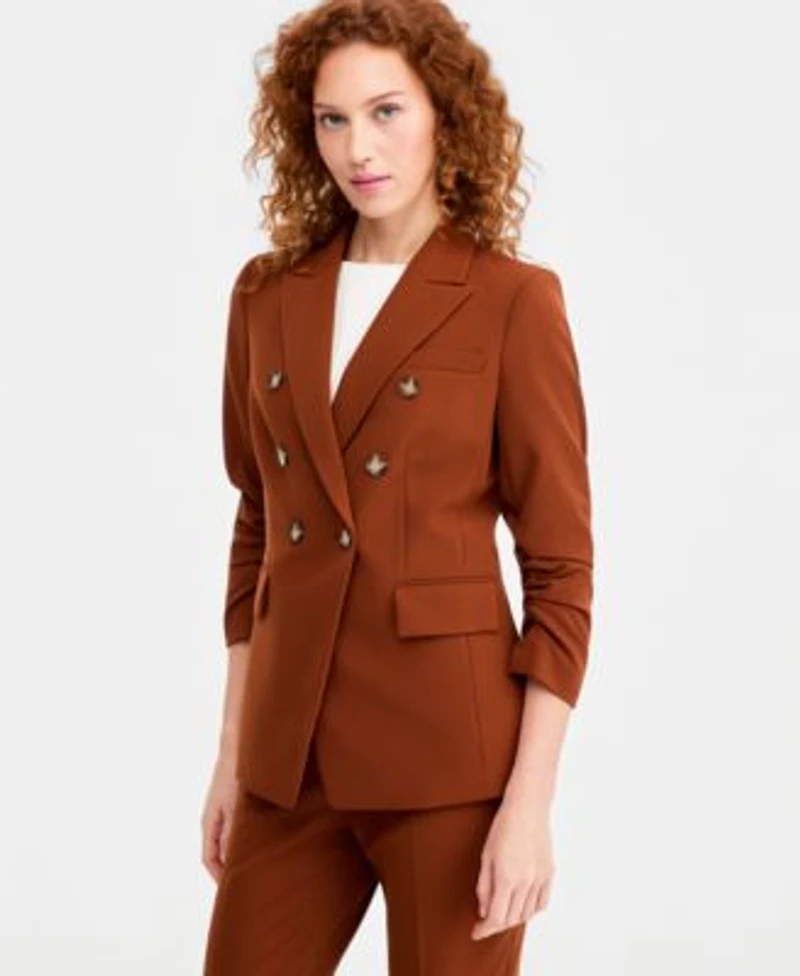 Tahari Asl Womens Ruched Sleeve Double Breasted Blazer Seamed Waistband Pants