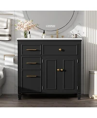 Sillysis 36" Bathroom Vanity with Ceramic Sink, Freestanding Cabinet Tip-Out & Side Drawers, Adjustable Shelf, Modern Storage