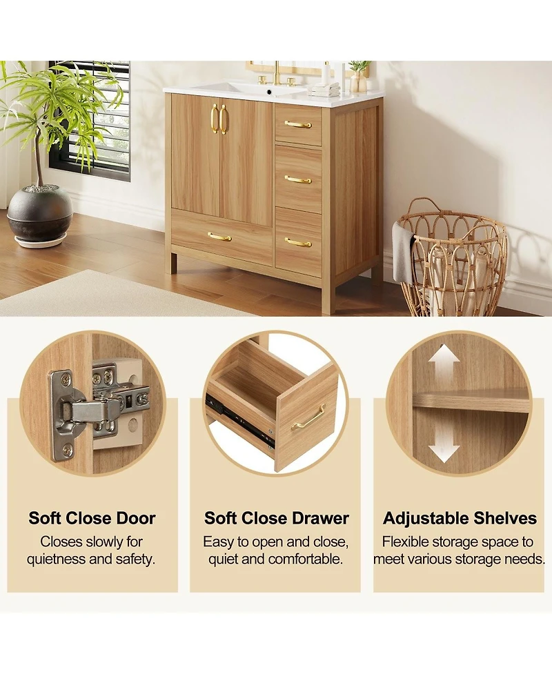 Sillysis 36 Inch Bathroom Vanity with Ceramic Sink, Solid Wood & Mdf, 4 Soft Close Drawers, Ample Storage for Small Spaces