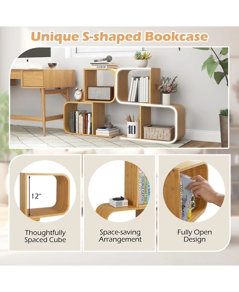 Sugift 2-Tier S-Shaped Bamboo Bookcase with 2 Open Cubes for Living Room