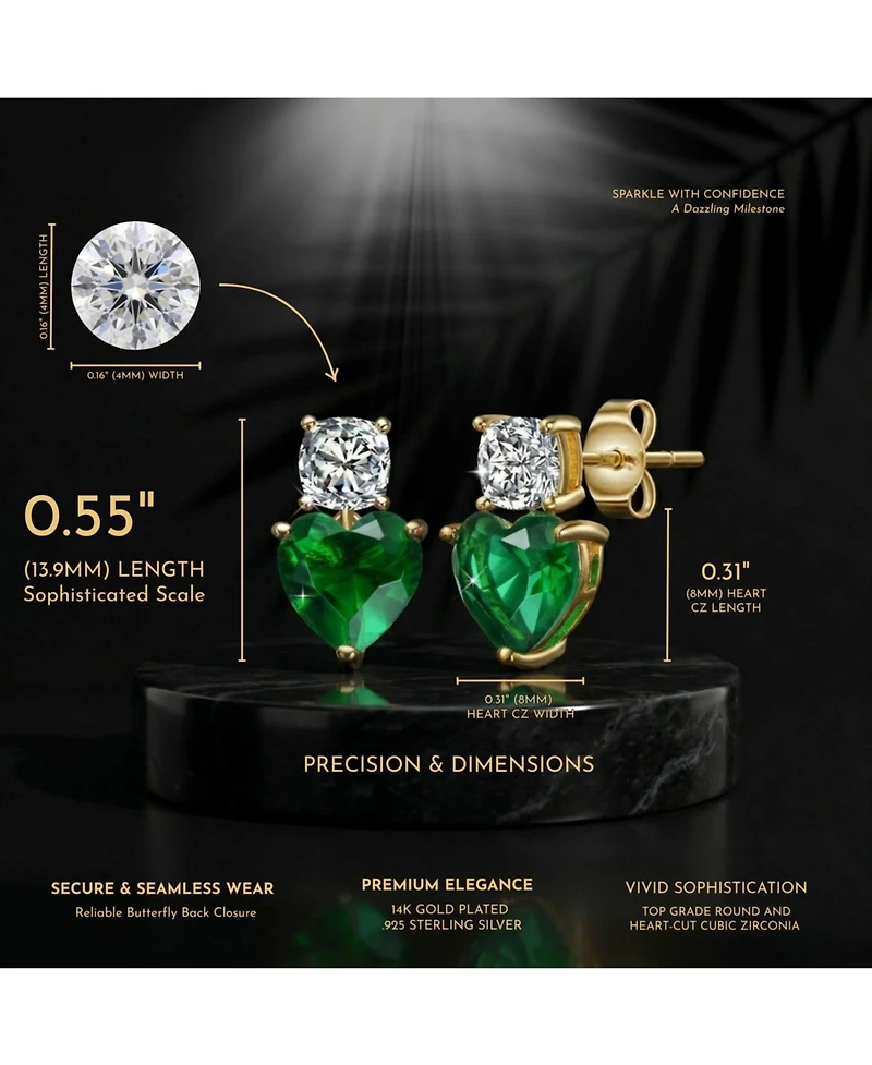 Sterling Silver 14K Gold Plated with Cubic Zirconia Two-Stone Heart Earrings