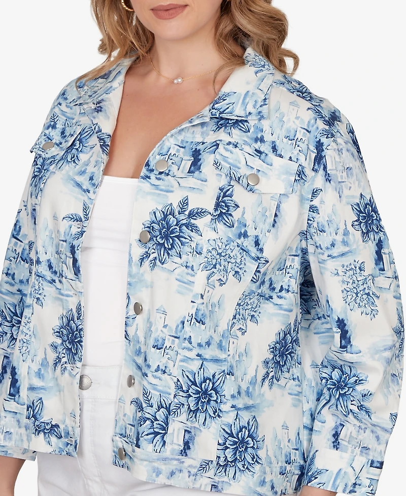 Ruby Rd. Plus Toile Print Trademark Denim Jacket