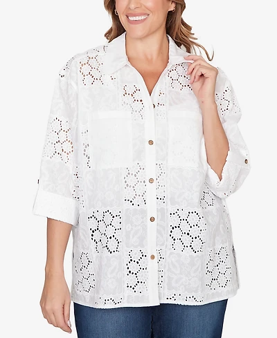Ruby Rd. Plus Patchwork Eyelet Roll-Tab Sleeve Top