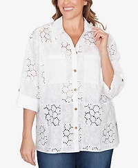 Ruby Rd. Plus Patchwork Eyelet Roll-Tab Sleeve Top