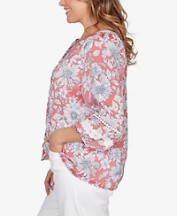 Ruby Rd. Plus Floral Silky Gauze Peasant Button Front Top