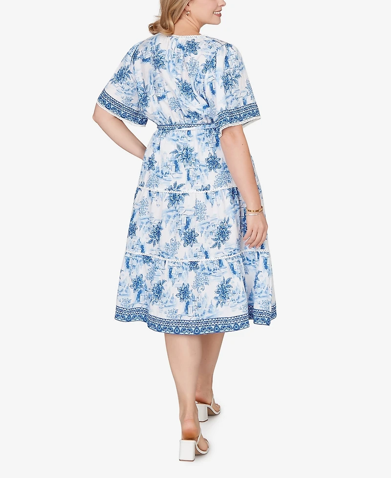 Ruby Rd. Plus Floral Toile Tie-Waist Tiered Dress