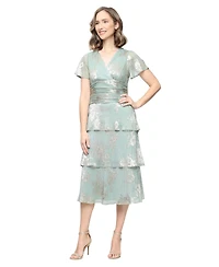 Sl Fashions Women's Floral Surplice-Neck Tiered Dress