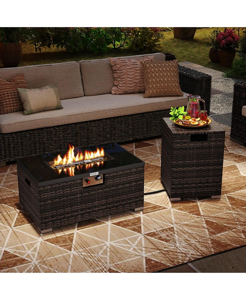 Sugift 2-Piece Outdoor Rattan Fire Table Set 32 Inch Rectangle Gas Firepit with Tank Cover
