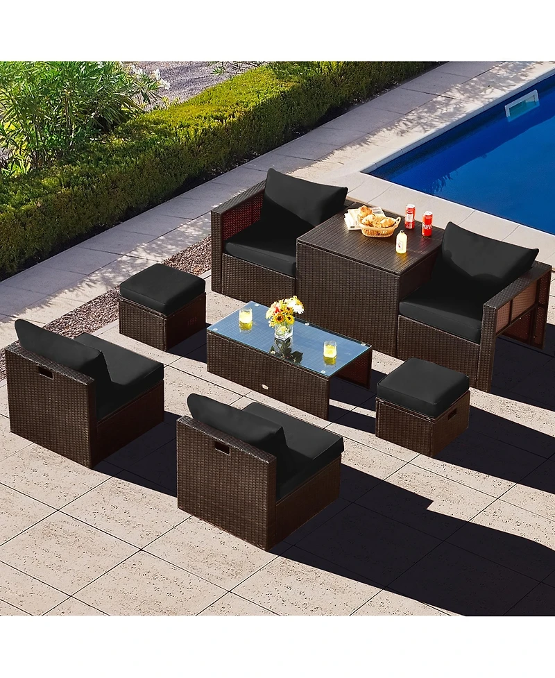 Gymax 8PCS Patio Rattan Pe Wicker Conversation Set All-Weather Furniture Set w/ Cushions Off White