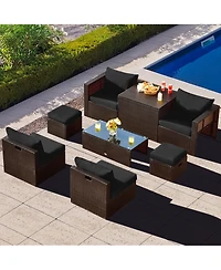 Gymax 8PCS Patio Rattan Pe Wicker Conversation Set All-Weather Furniture Set w/ Cushions Off White