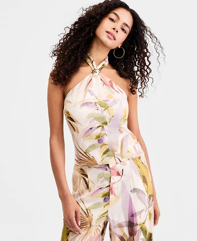 Guess Women's Kiara Printed Sleeveless Linen-Blend Halter Top