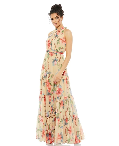 Mac Duggal Women's Floral Button High Neck Maxi Dress