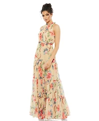 Mac Duggal Women's Floral Button High Neck Maxi Dress