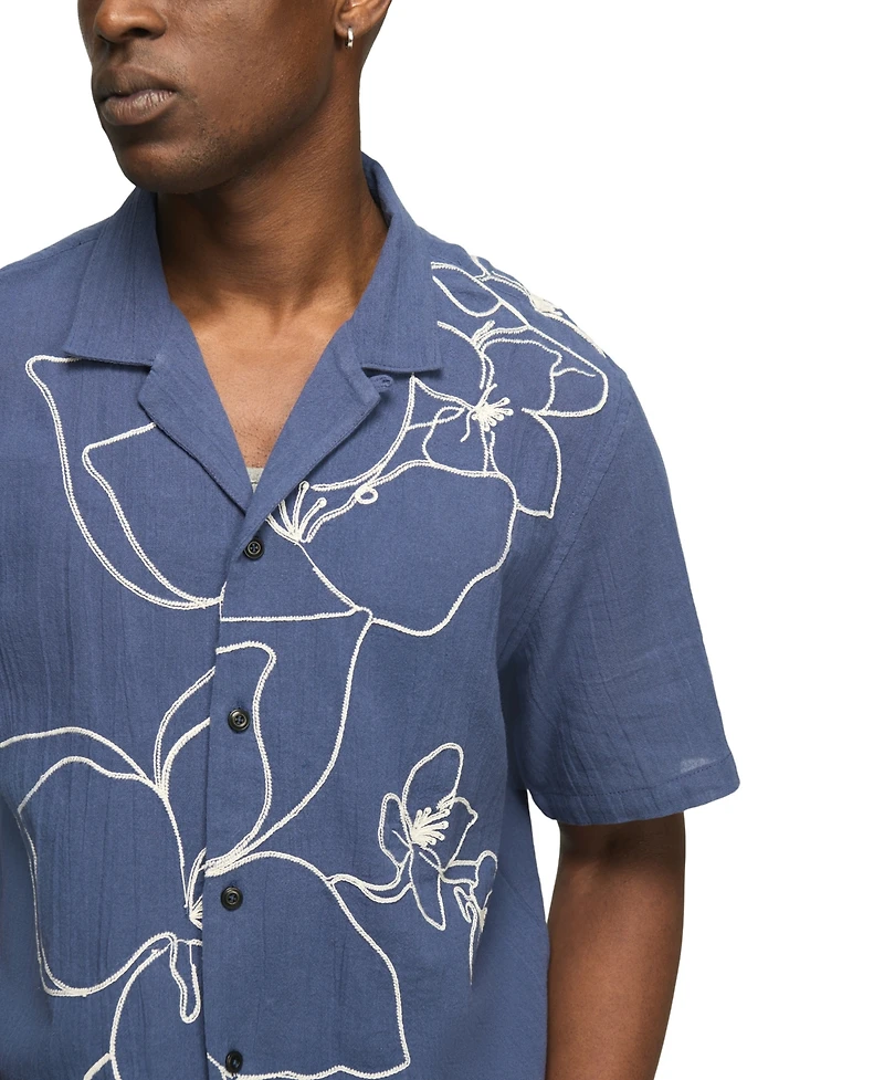 Lucky Brand Men's Floral Embroidery Camp Shirt