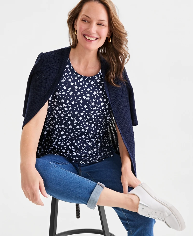Style & Co Petite Short-Sleeve Ditsy Print Crewneck T-Shirt, Macy's Exclusive